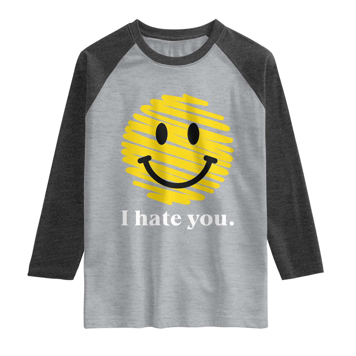 I Hate You Smile Face Meme Raglan Shirt Viral Sarcastic Humor TS14 Heather Gray Heather Charcoal Print Your Wear