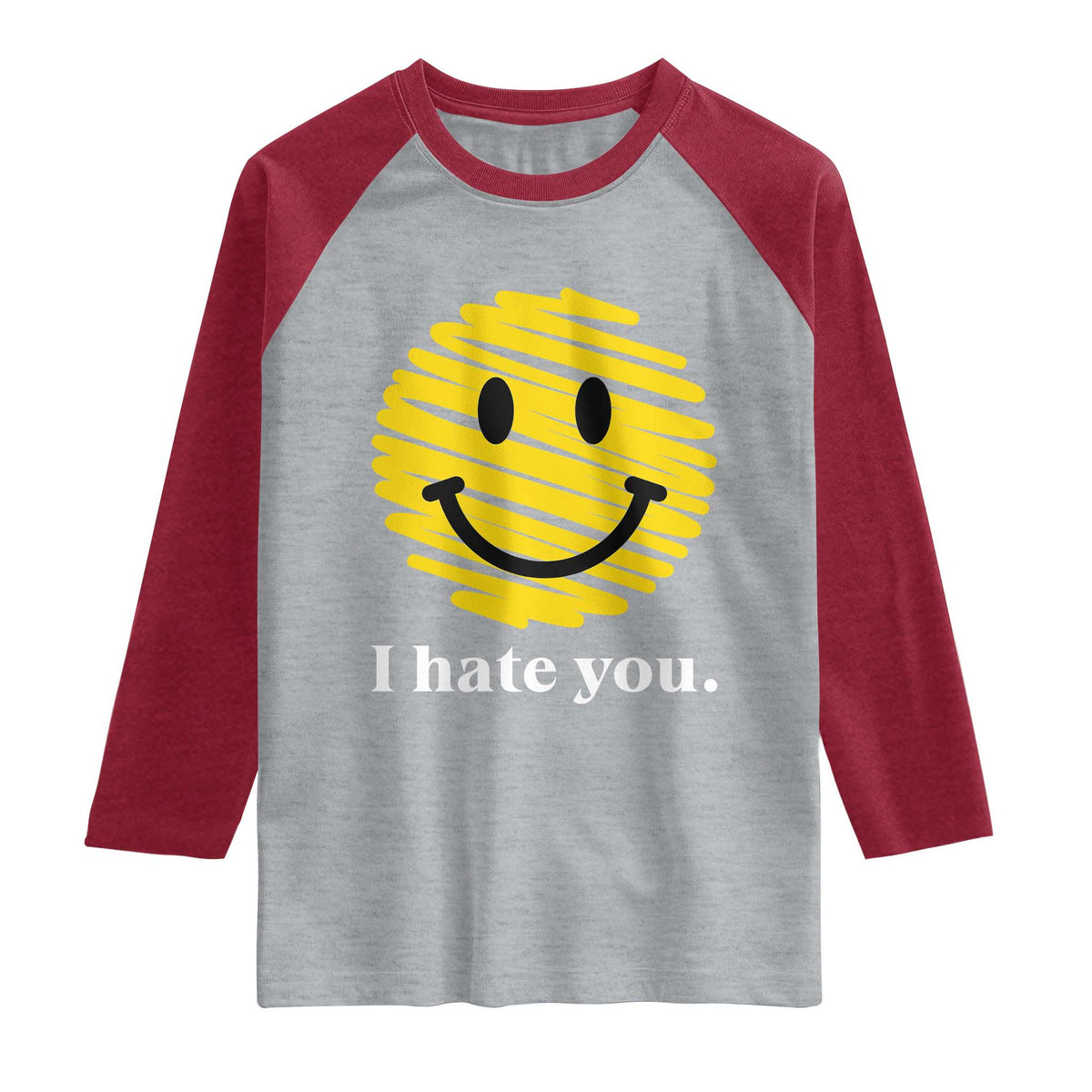 I Hate You Smile Face Meme Raglan Shirt Viral Sarcastic Humor TS14 Heather Gray Heather Red Print Your Wear