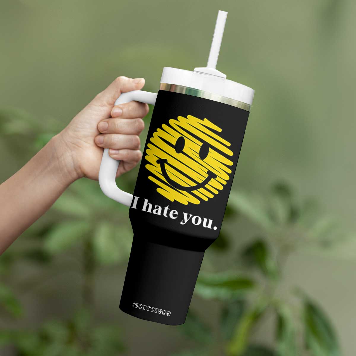 I Hate You Smile Face Meme Tumbler With Handle Viral Sarcastic Humor TS14 Print Your Wear