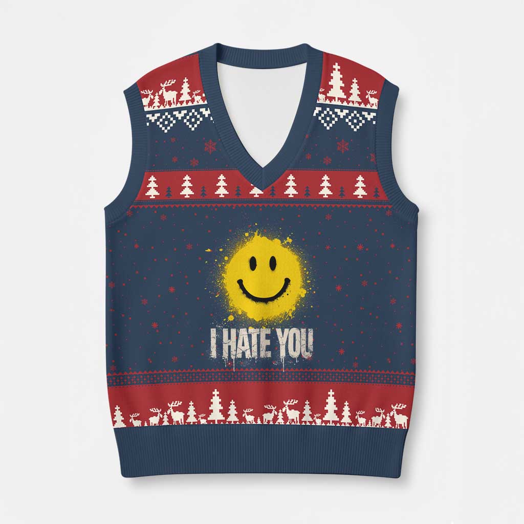 I Hate You Smile Face V-Neck Knit Sweater Vest Funny Sarcastic Meme TS14 Navy Red Print Your Wear
