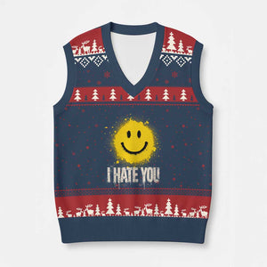 I Hate You Smile Face V-Neck Knit Sweater Vest Funny Sarcastic Meme TS14 Navy Red Print Your Wear