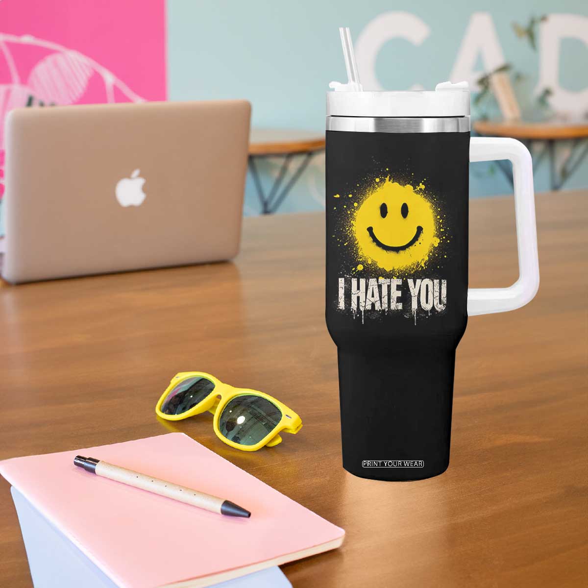 I Hate You Smile Face Tumbler With Handle Funny Sarcastic Meme TS14 Print Your Wear