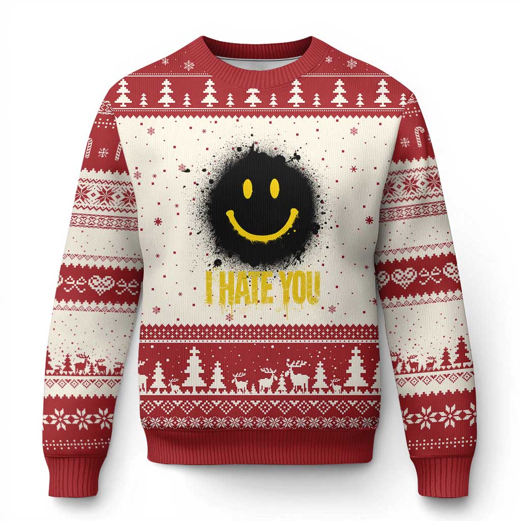 I Hate You Ugly Christmas Sweater Funny Smile Face Emoticon Meme TS14 Beige Red Print Your Wear