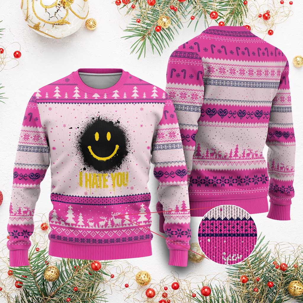 I Hate You Ugly Christmas Sweater Funny Smile Face Emoticon Meme TS14 Hot Pink Print Your Wear