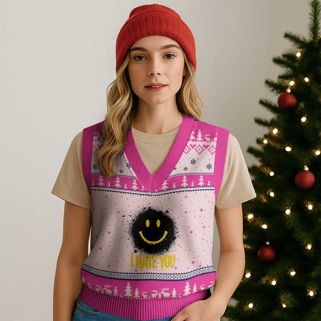I Hate You V-Neck Knit Sweater Vest Funny Smile Face Emoticon Meme TS14 Hot Pink Print Your Wear