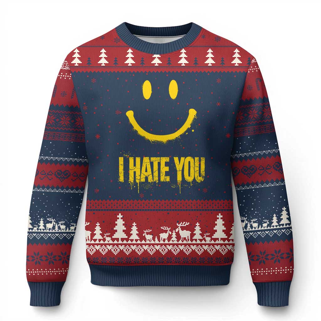 I Hate You Ugly Christmas Sweater Funny Sarcastic Smiling Face Meme TS14 Navy Red Print Your Wear
