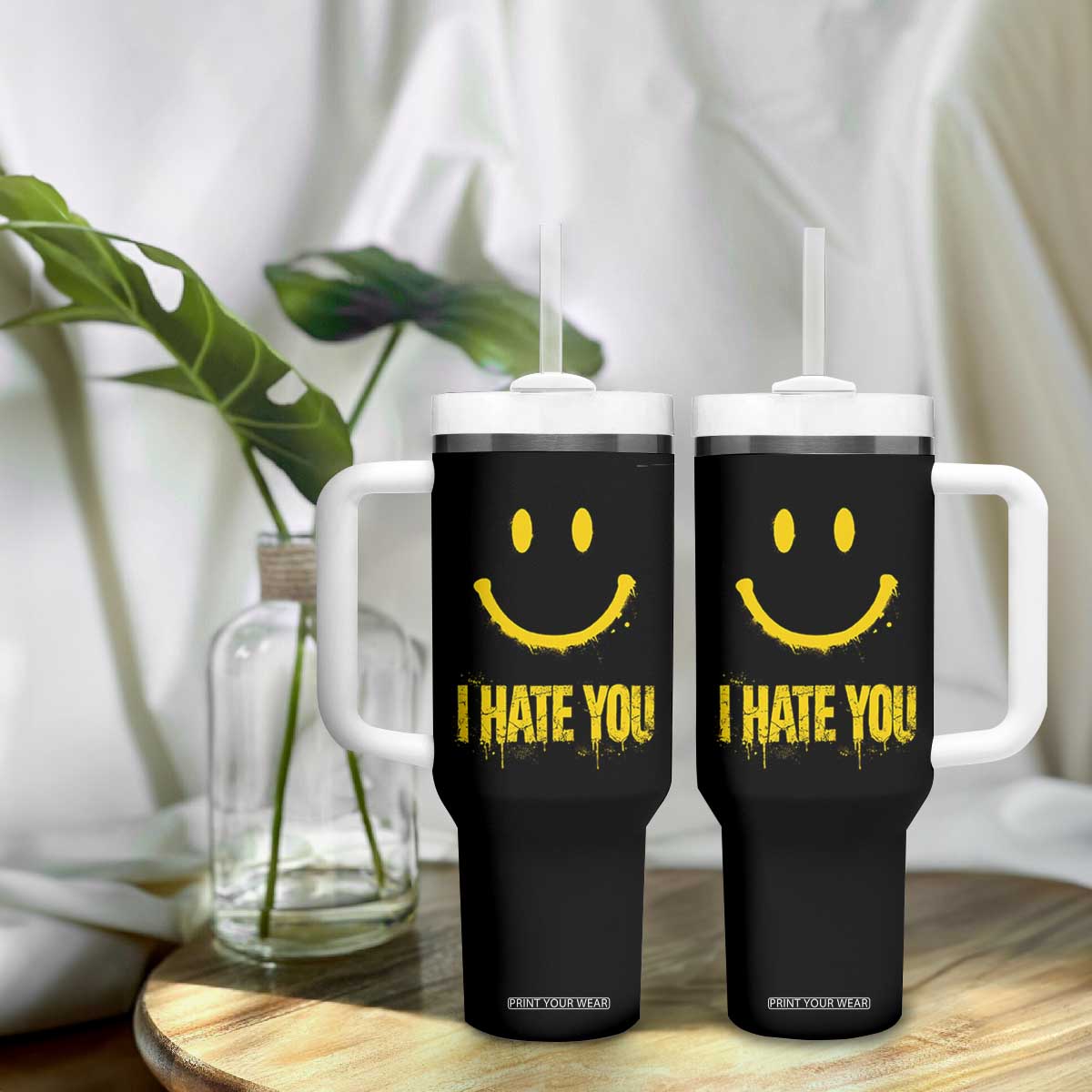 I Hate You Tumbler With Handle Funny Sarcastic Smiling Face Meme TS14 Print Your Wear