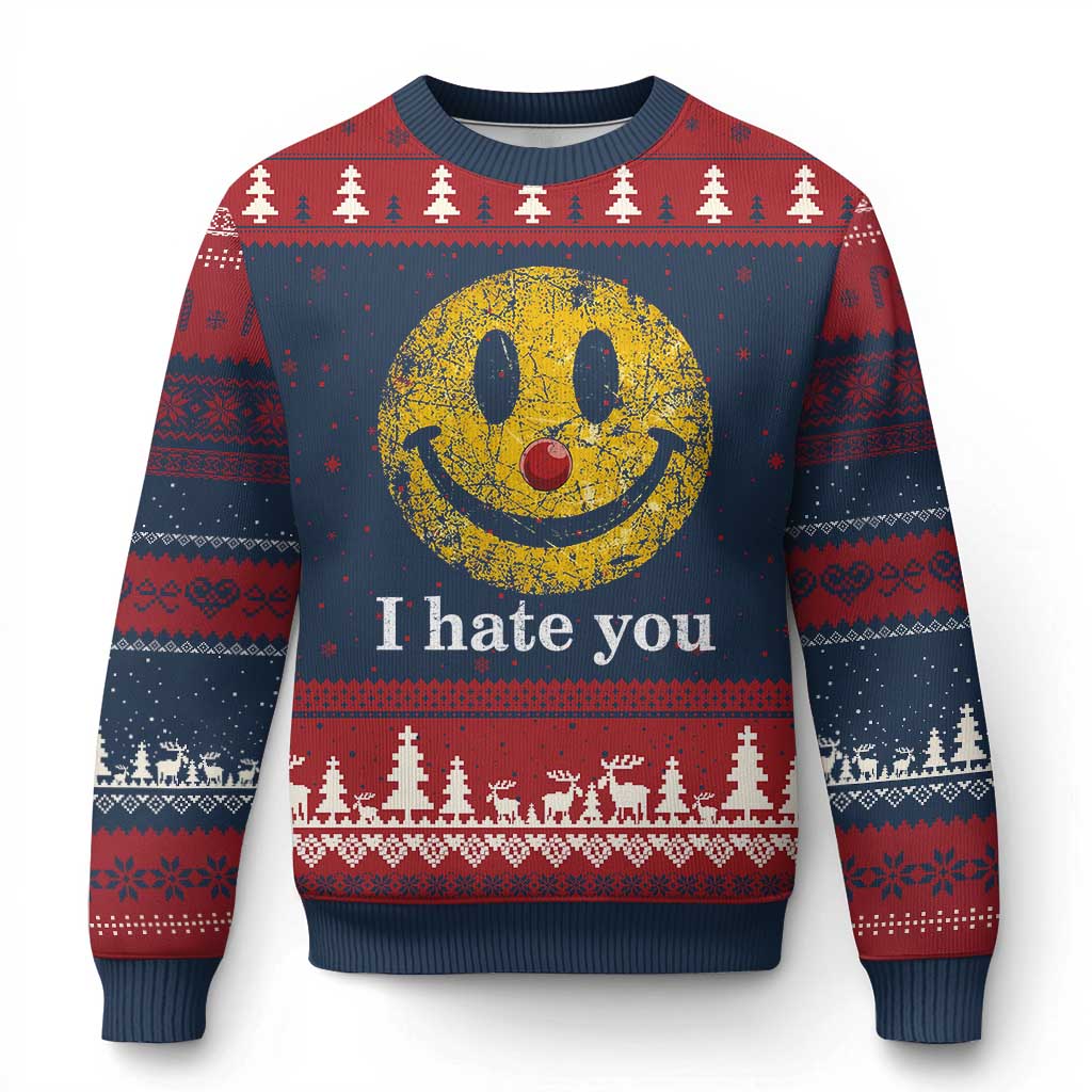 I Hate You Smile Face Meme Ugly Christmas Sweater Funny Sarcastic Joke Meme TS14 Navy Red Print Your Wear