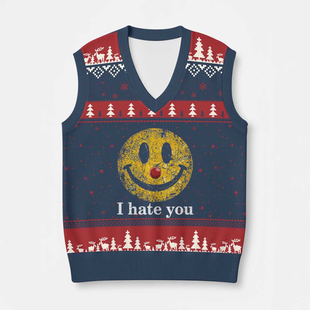 I Hate You Smile Face Meme V-Neck Knit Sweater Vest Funny Sarcastic Joke Meme TS14 Navy Red Print Your Wear
