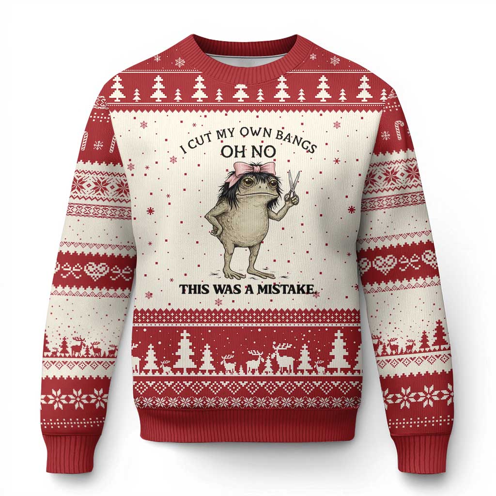 I Cut My Own Bangs Ugly Christmas Sweater Funny Frog Meme TS14 Beige Red Print Your Wear