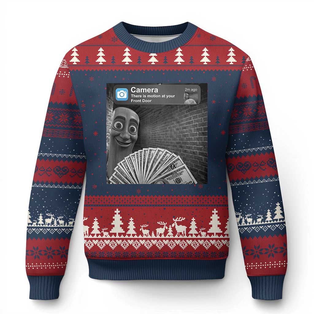 There is Motion at Your Front Door Ugly Christmas Sweater Tung Tung Tung Sahur Italian Brainrot Meme TS14 Navy Red Print Your Wear