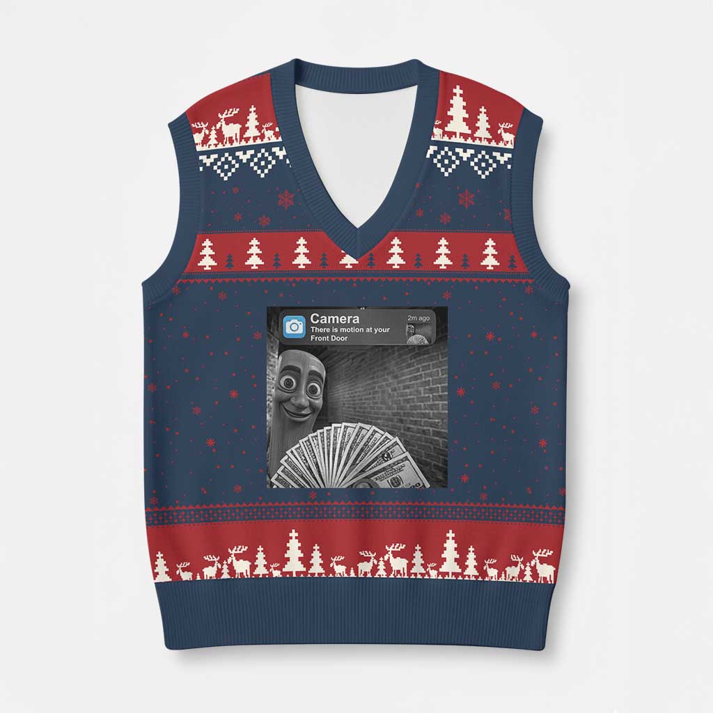 There is Motion at Your Front Door V-Neck Knit Sweater Vest Tung Tung Tung Sahur Italian Brainrot Meme TS14 Navy Red Print Your Wear