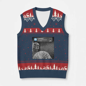 There is Motion at Your Front Door V-Neck Knit Sweater Vest Tung Tung Tung Sahur Italian Brainrot Meme TS14 Navy Red Print Your Wear
