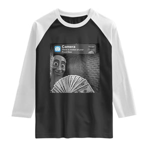 There is Motion at Your Front Door Raglan Shirt Tung Tung Tung Sahur Italian Brainrot Meme TS14 Black White Print Your Wear