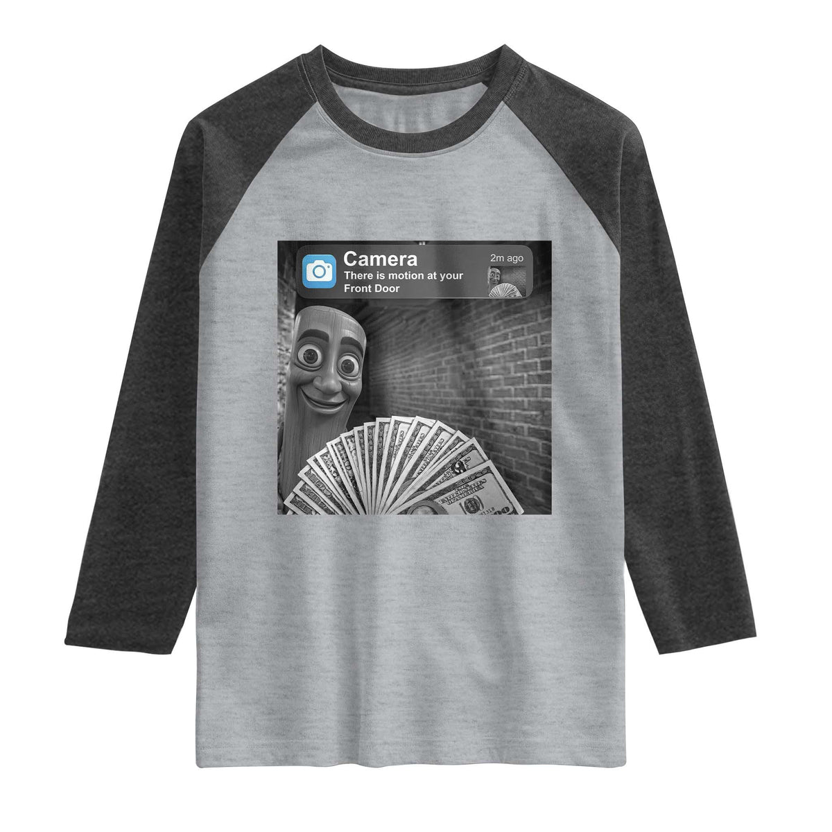 There is Motion at Your Front Door Raglan Shirt Tung Tung Tung Sahur Italian Brainrot Meme TS14 Heather Gray Heather Charcoal Print Your Wear