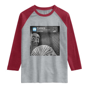 There is Motion at Your Front Door Raglan Shirt Tung Tung Tung Sahur Italian Brainrot Meme TS14 Heather Gray Heather Red Print Your Wear