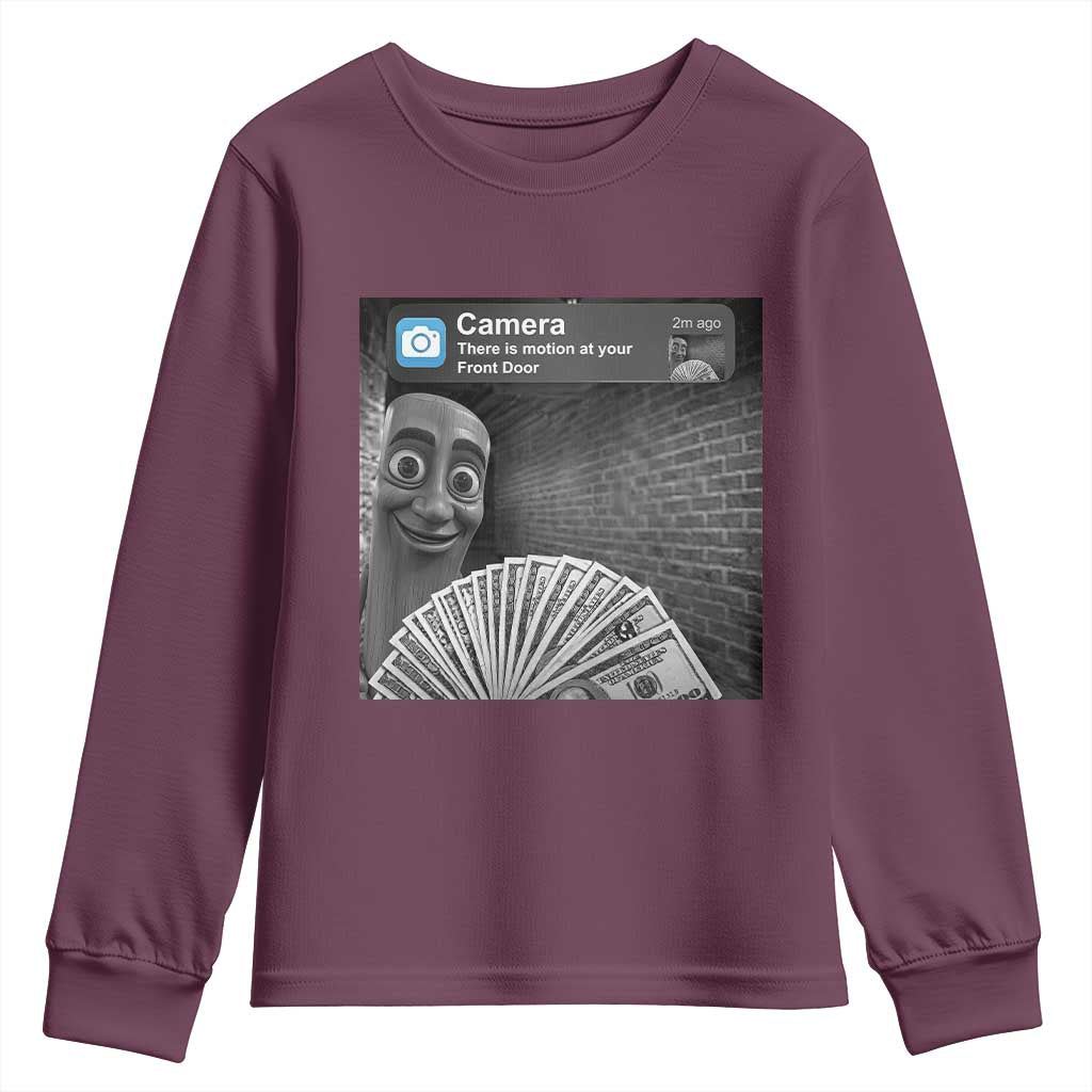 There is Motion at Your Front Door Youth Sweatshirt Tung Tung Tung Sahur Italian Brainrot Meme TS14 Maroon Print Your Wear