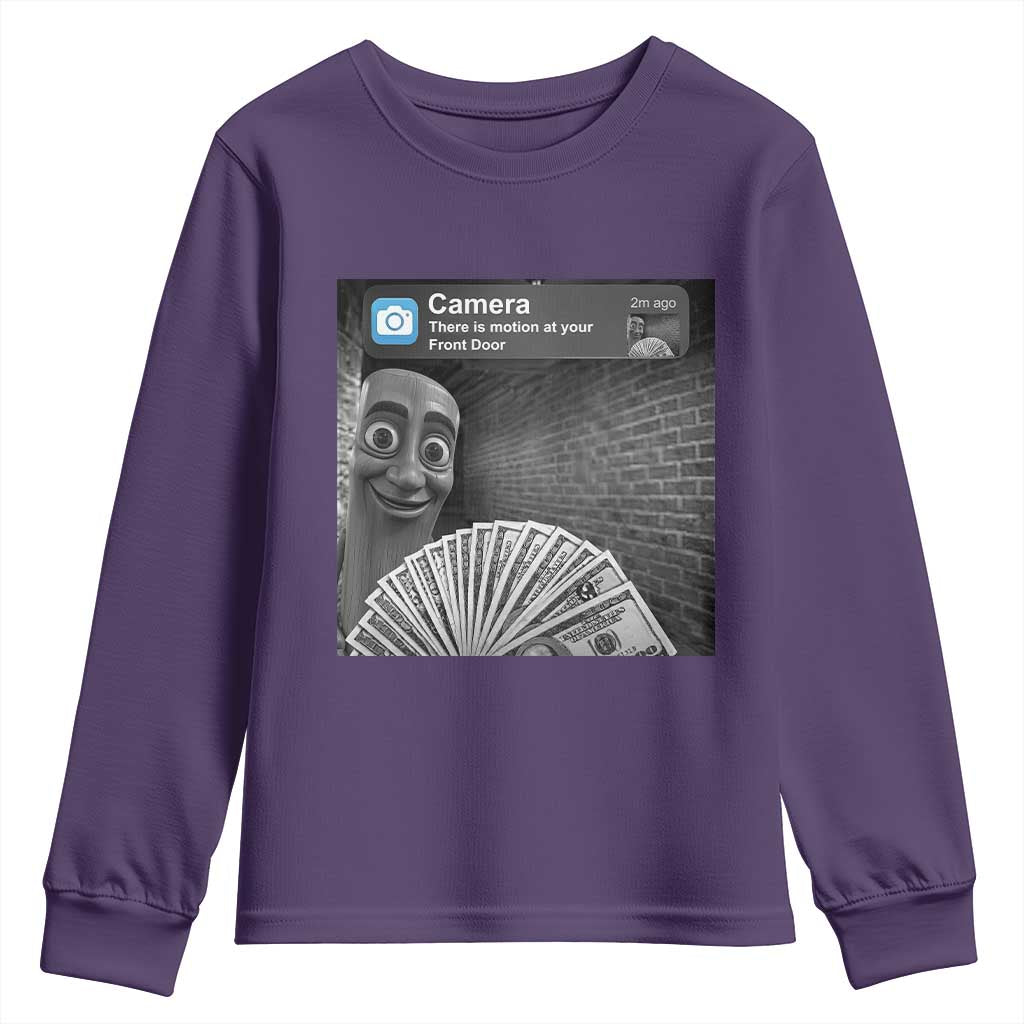 There is Motion at Your Front Door Youth Sweatshirt Tung Tung Tung Sahur Italian Brainrot Meme TS14 Purple Print Your Wear