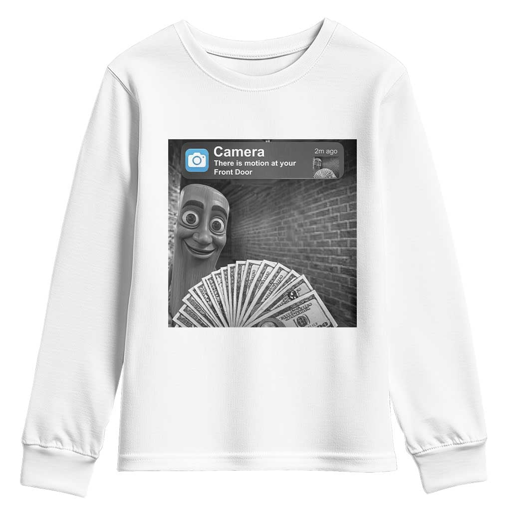 There is Motion at Your Front Door Youth Sweatshirt Tung Tung Tung Sahur Italian Brainrot Meme TS14 White Print Your Wear