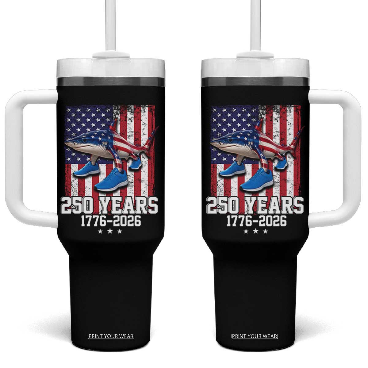 250th America Anniversary Tumbler With Handle Tralalero Tralala Italian Brainrot 4th of July Meme TS14 One Size: 40 oz Black Print Your Wear