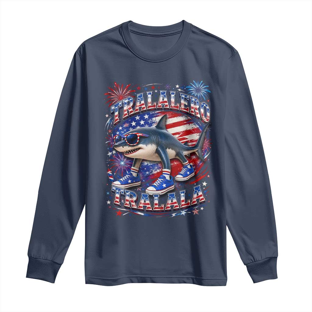 Tralalero Tralala Shark Italian Brainrot 4th Of July Meme Long Sleeve Shirt TS14 Navy Print Your Wear
