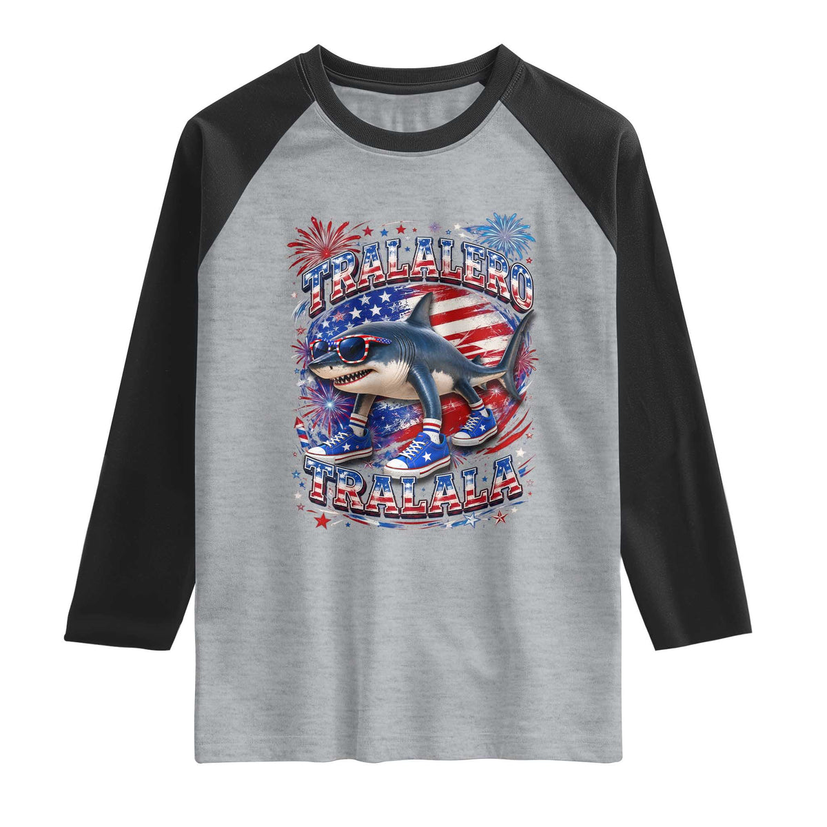 Tralalero Tralala Shark Italian Brainrot 4th Of July Meme Raglan Shirt TS14 Heather Gray Black Print Your Wear