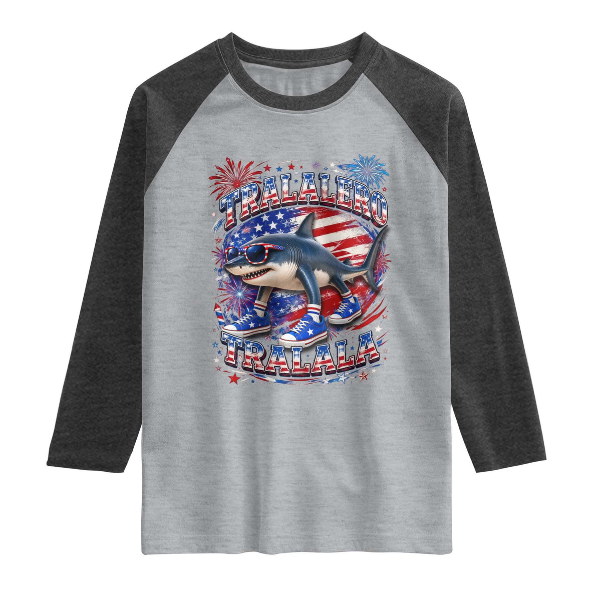 Tralalero Tralala Shark Italian Brainrot 4th Of July Meme Raglan Shirt TS14 Heather Gray Heather Charcoal Print Your Wear