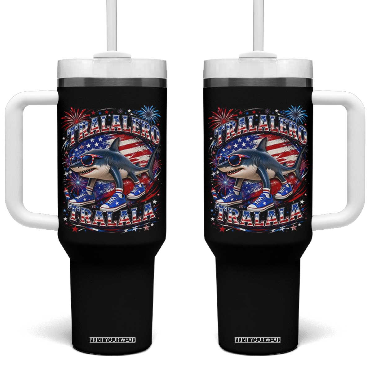 Tralalero Tralala Shark Italian Brainrot 4th Of July Meme Tumbler With Handle TS14 One Size: 40 oz Black Print Your Wear