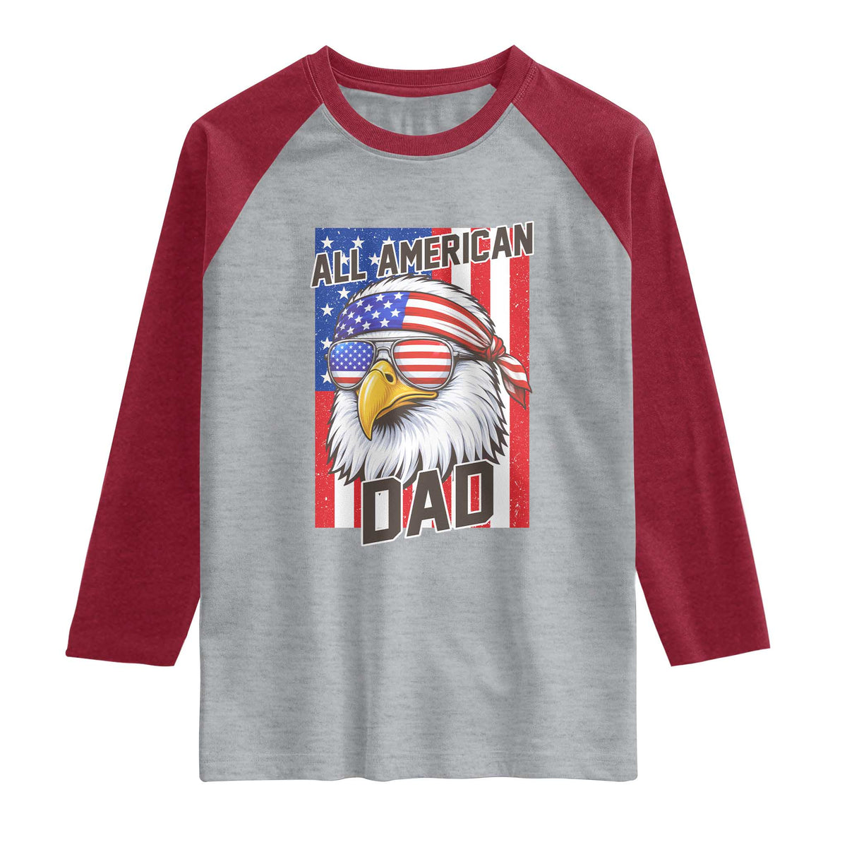 All American Dad 4th of July Raglan Shirt Daddy Eagle USA TS14 Heather Gray Heather Red Print Your Wear