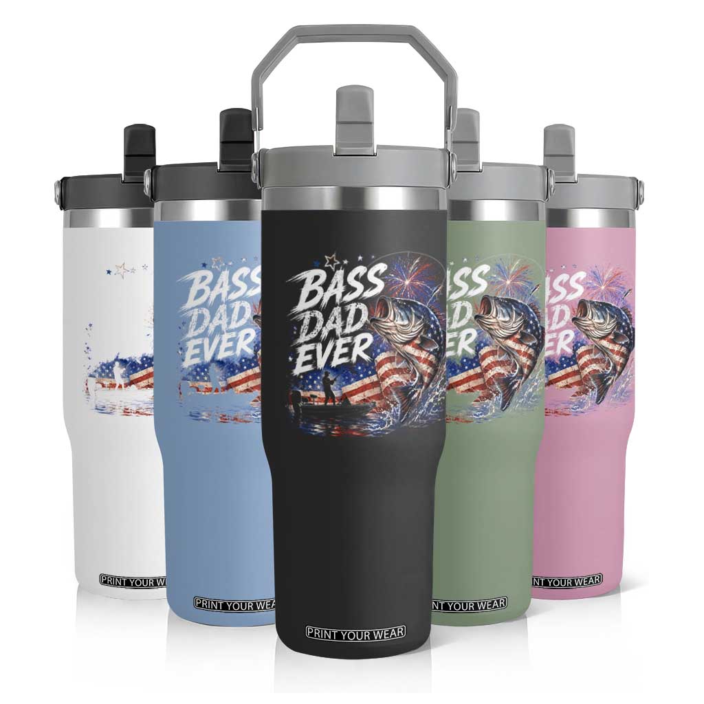 Bass Dad Ever Fishing Flip Straw Tumbler Patriotic Dad Birthday 4th Of July Gifts TS14 Print Your Wear