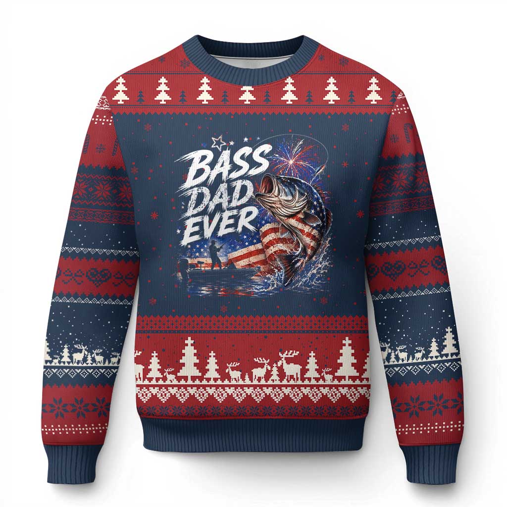 Bass Dad Ever Fishing Ugly Christmas Sweater Patriotic Dad Birthday 4th Of July Gifts TS14 Navy Red Print Your Wear