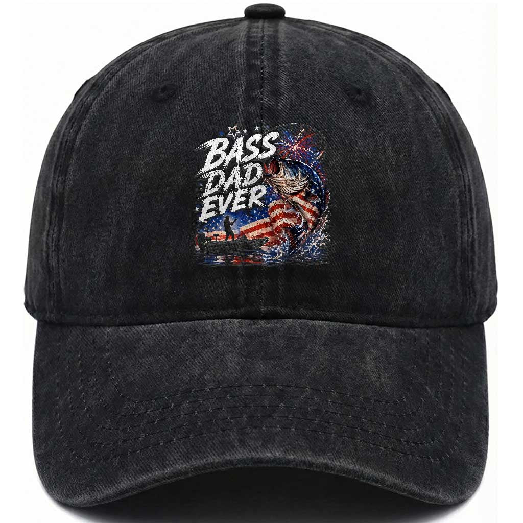 Bass Dad Ever Fishing Washed Cotton Baseball Cap Patriotic Dad Birthday 4th Of July Gifts TS14 Print Your Wear