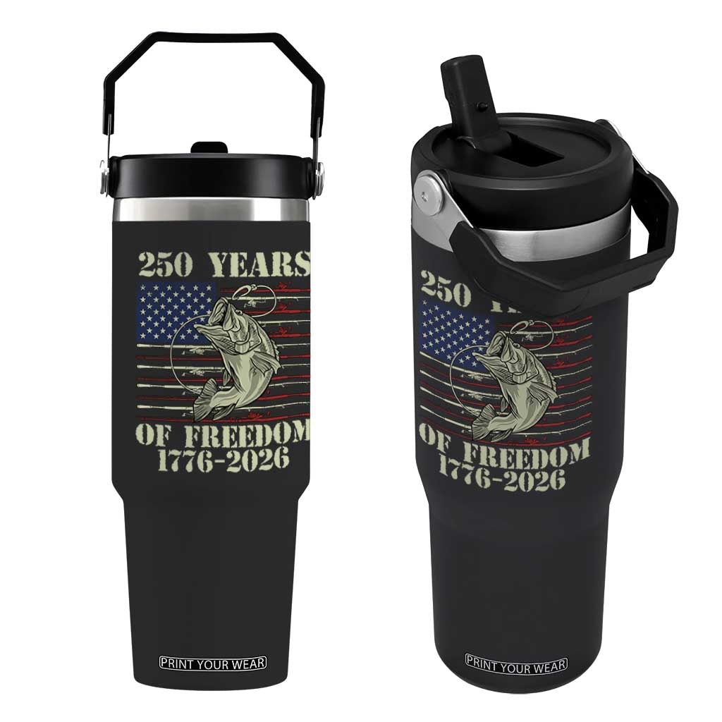 250th Anniversary USA Bass Fishing American Flag Flip Straw Tumbler TS14 One Size: 30 oz Black Print Your Wear