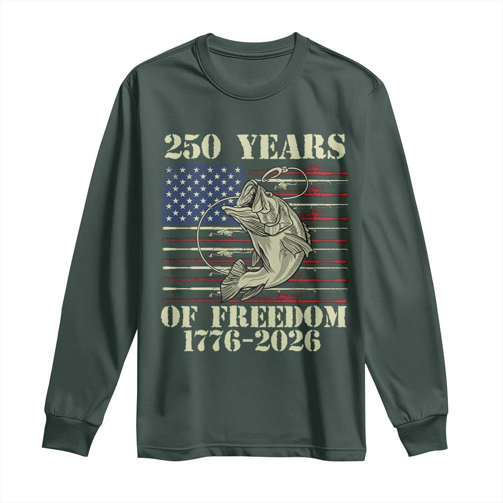 250th Anniversary USA Bass Fishing American Flag Long Sleeve Shirt TS14 Dark Forest Green Print Your Wear