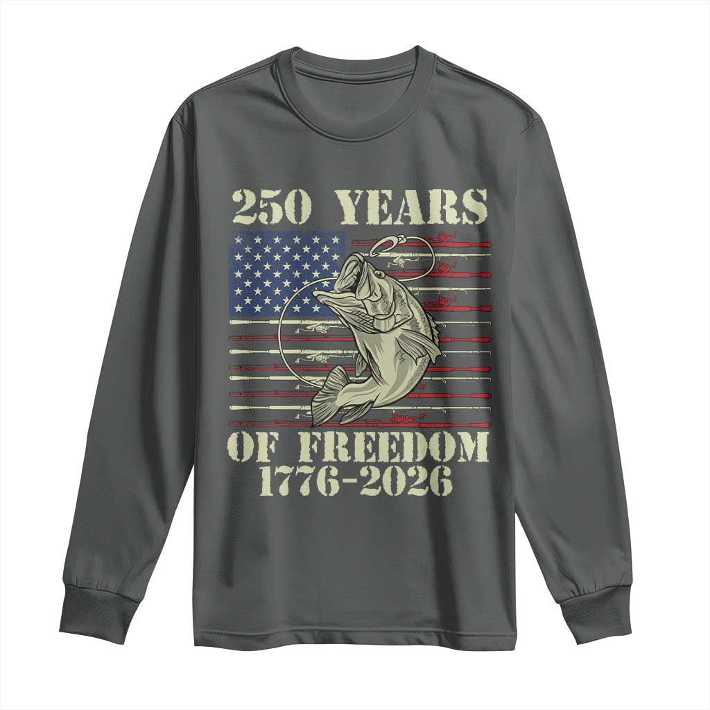 250th Anniversary USA Bass Fishing American Flag Long Sleeve Shirt TS14 Dark Heather Print Your Wear