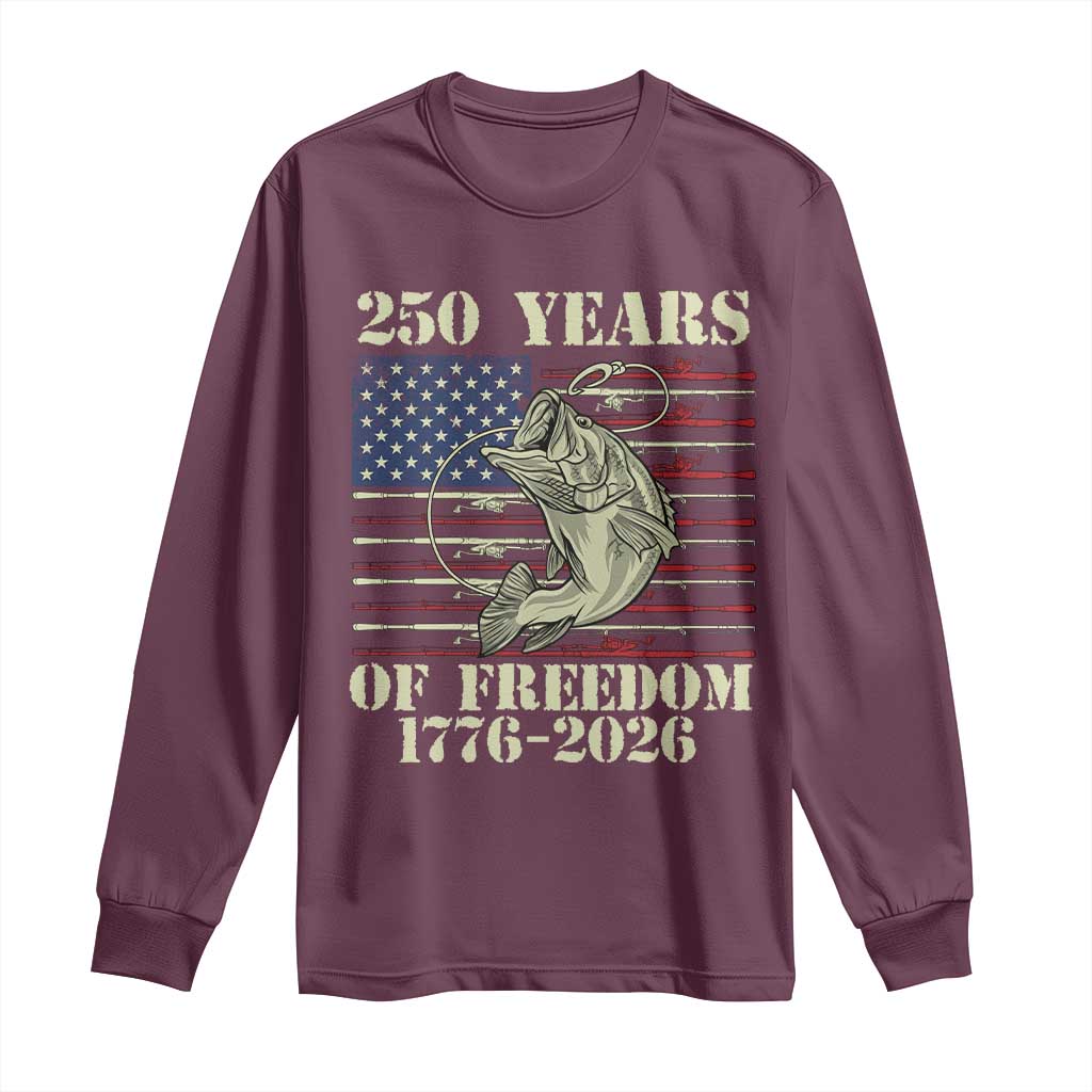 250th Anniversary USA Bass Fishing American Flag Long Sleeve Shirt TS14 Maroon Print Your Wear