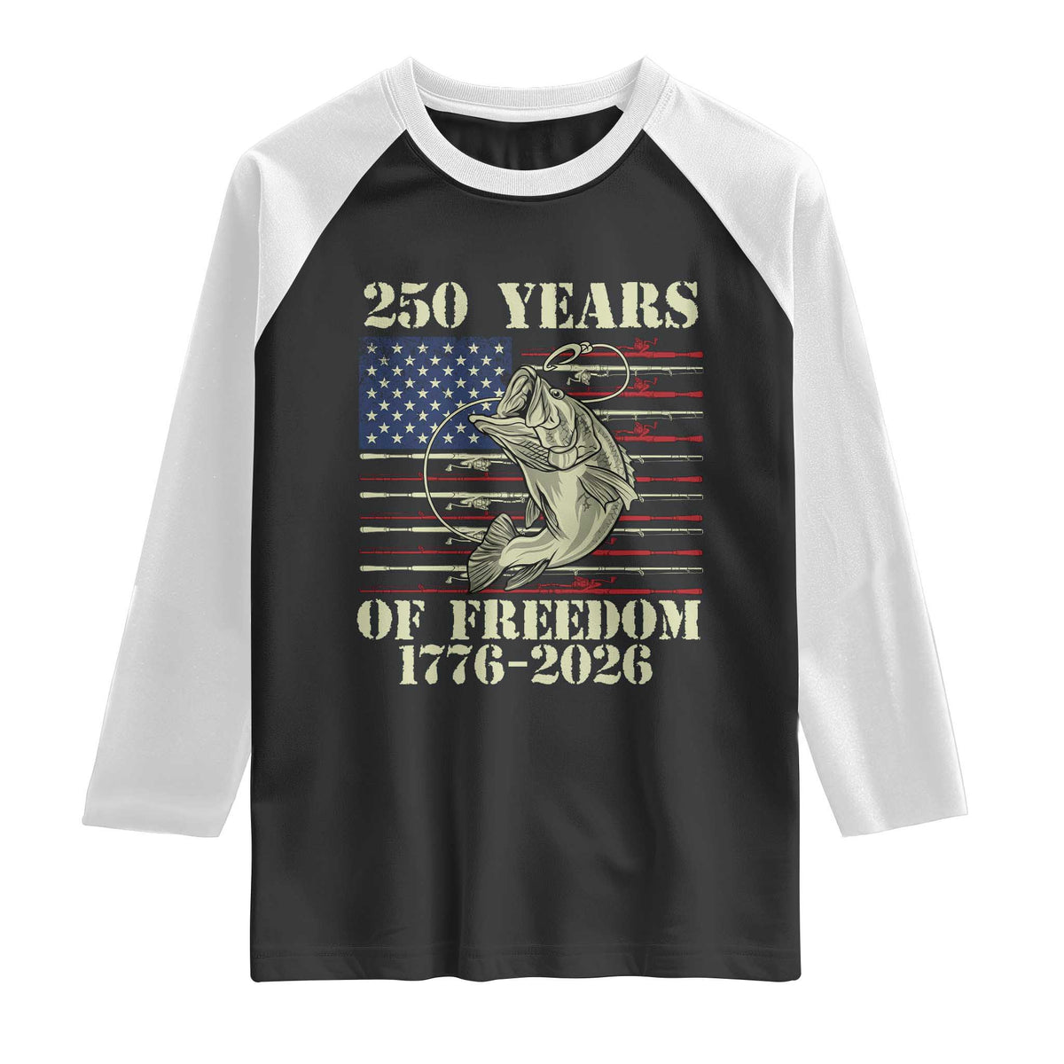 250th Anniversary USA Bass Fishing American Flag Raglan Shirt TS14 Black White Print Your Wear