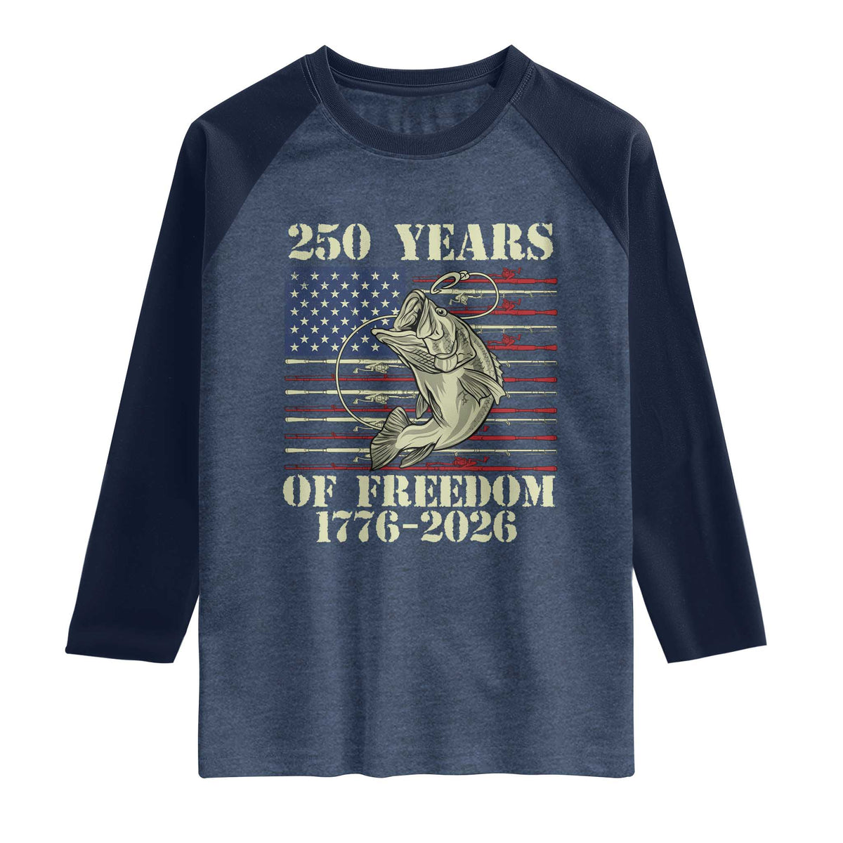 250th Anniversary USA Bass Fishing American Flag Raglan Shirt TS14 Heather Denim Navy Print Your Wear