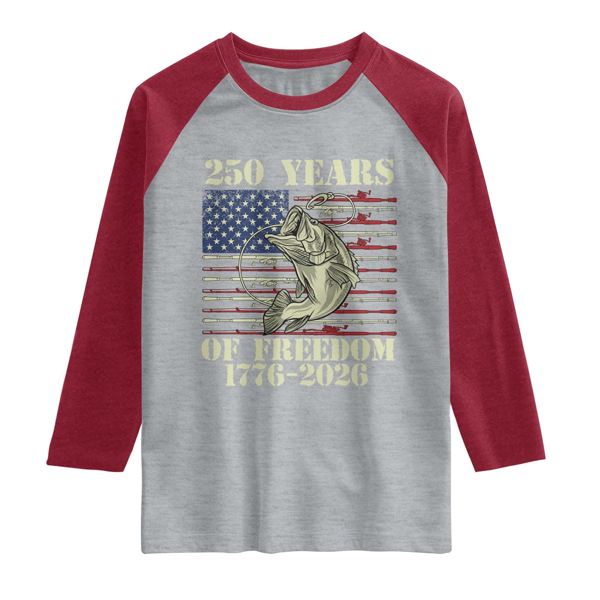 250th Anniversary USA Bass Fishing American Flag Raglan Shirt TS14 Heather Gray Heather Red Print Your Wear