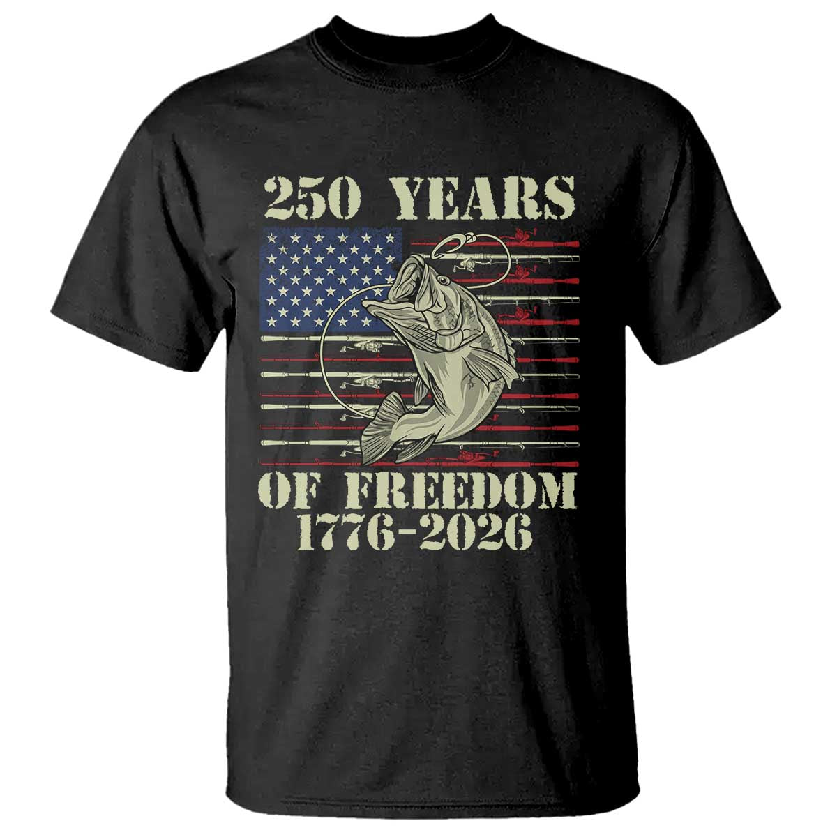 America 250th Bass Fishing American Flag T Shirt TS14 Black Print Your Wear