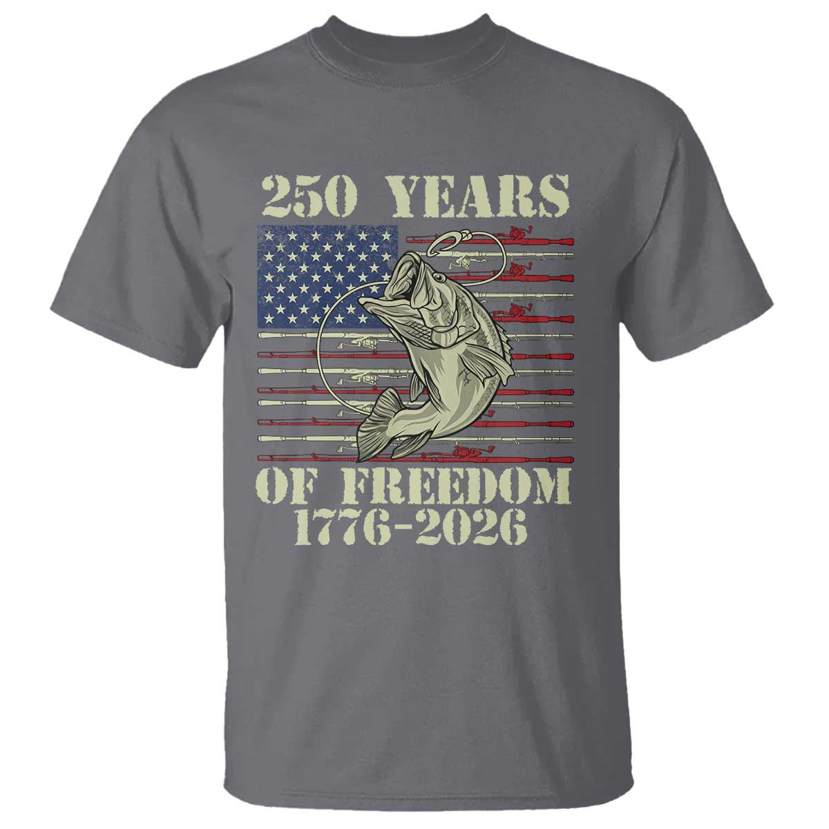 250th Anniversary USA Bass Fishing American Flag T Shirt TS14 Charcoal Print Your Wear