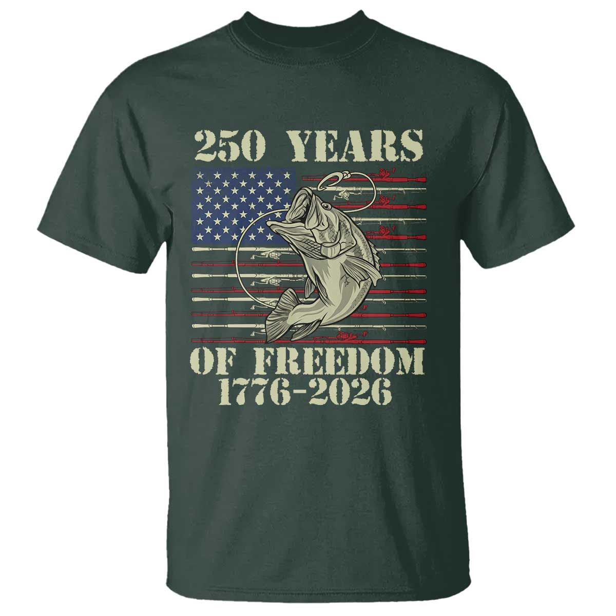 250th Anniversary USA Bass Fishing American Flag T Shirt TS14 Dark Forest Green Print Your Wear