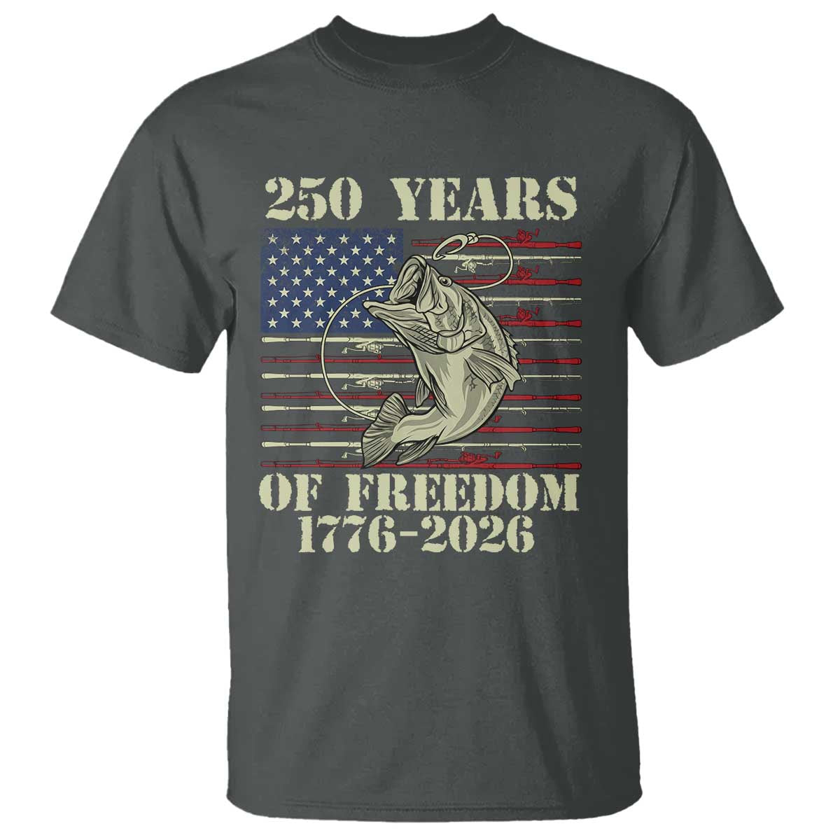 250th Anniversary USA Bass Fishing American Flag T Shirt TS14 Dark Heather Print Your Wear