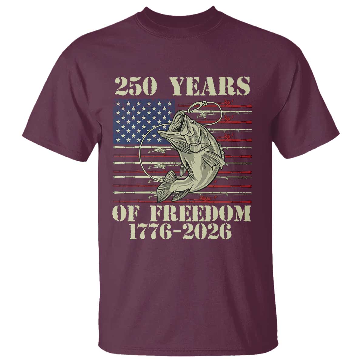 250th Anniversary USA Bass Fishing American Flag T Shirt TS14 Maroon Print Your Wear