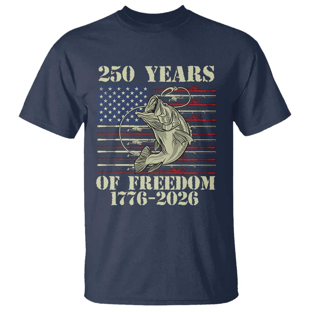 250th Anniversary USA Bass Fishing American Flag T Shirt TS14 Navy Print Your Wear