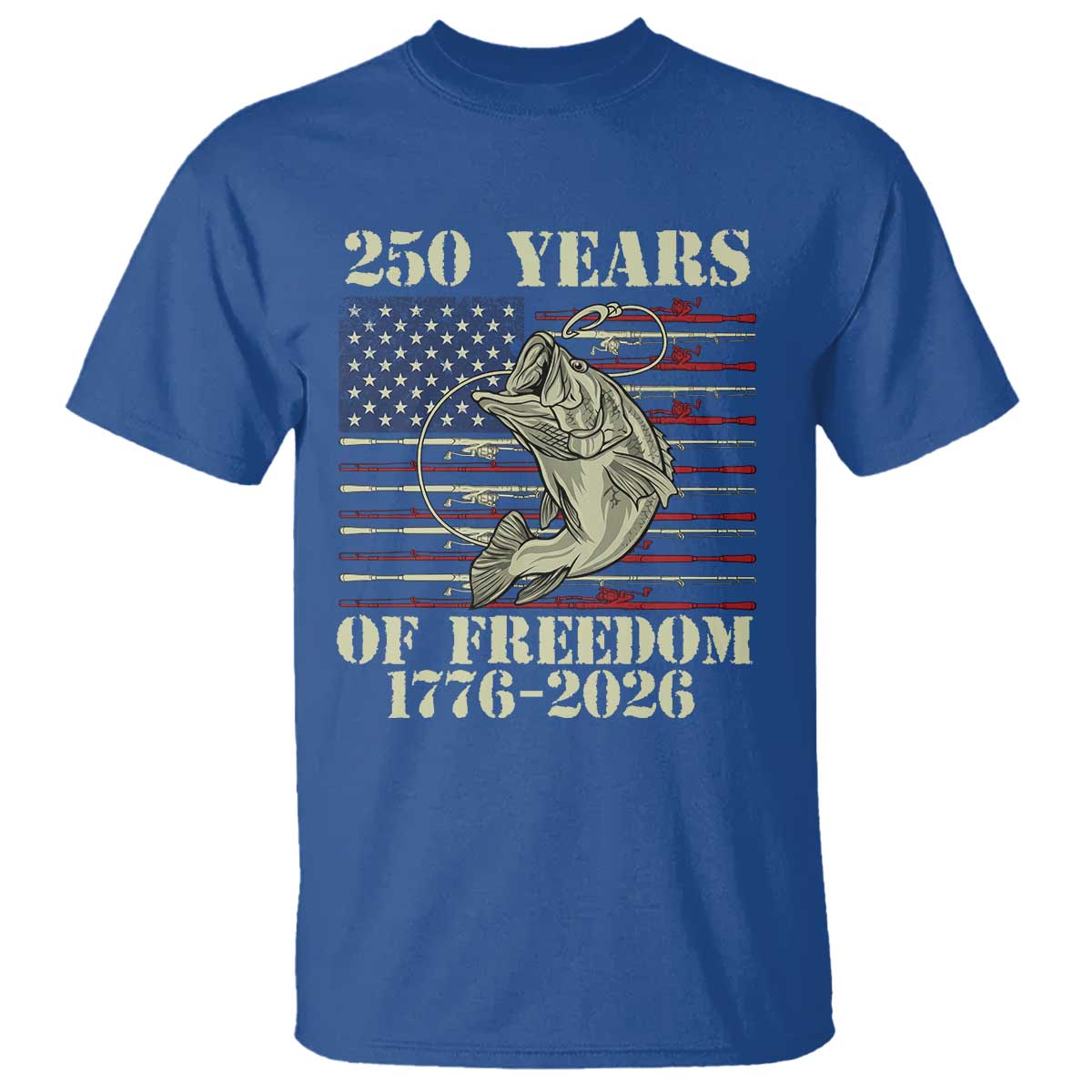 250th Anniversary USA Bass Fishing American Flag T Shirt TS14 Royal Blue Print Your Wear