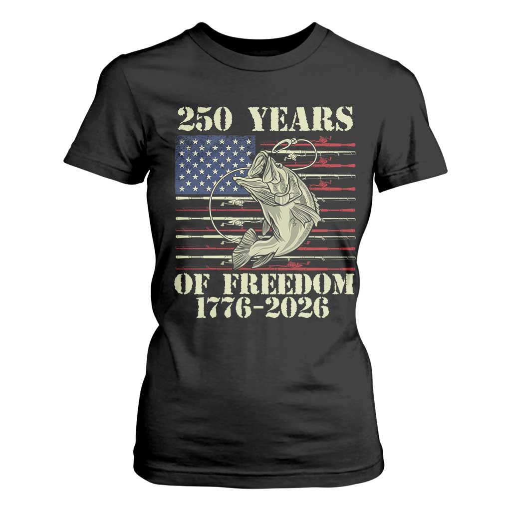 America 250th Bass Fishing American Flag T Shirt For Women TS14 Black Print Your Wear