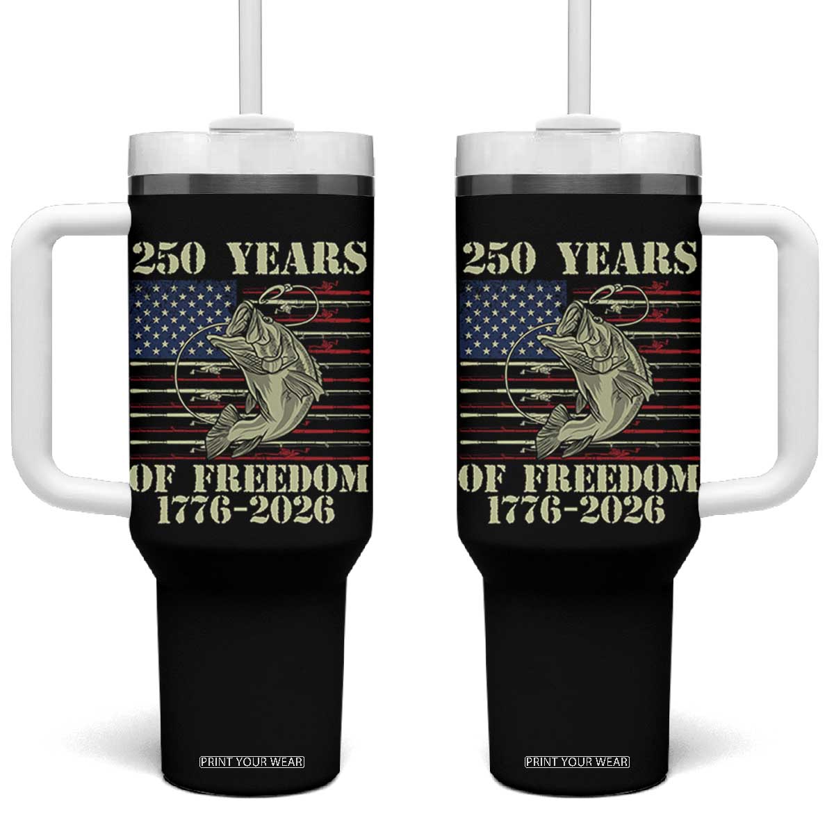 America 250th Bass Fishing American Flag Tumbler With Handle TS14 One Size: 40 oz Black Print Your Wear
