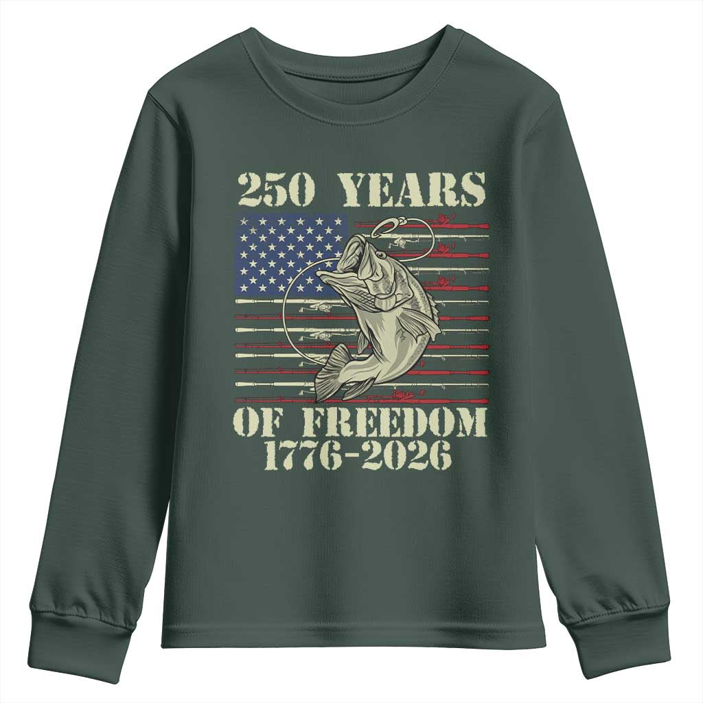 250th Anniversary USA Bass Fishing American Flag Youth Sweatshirt TS14 Dark Forest Green Print Your Wear