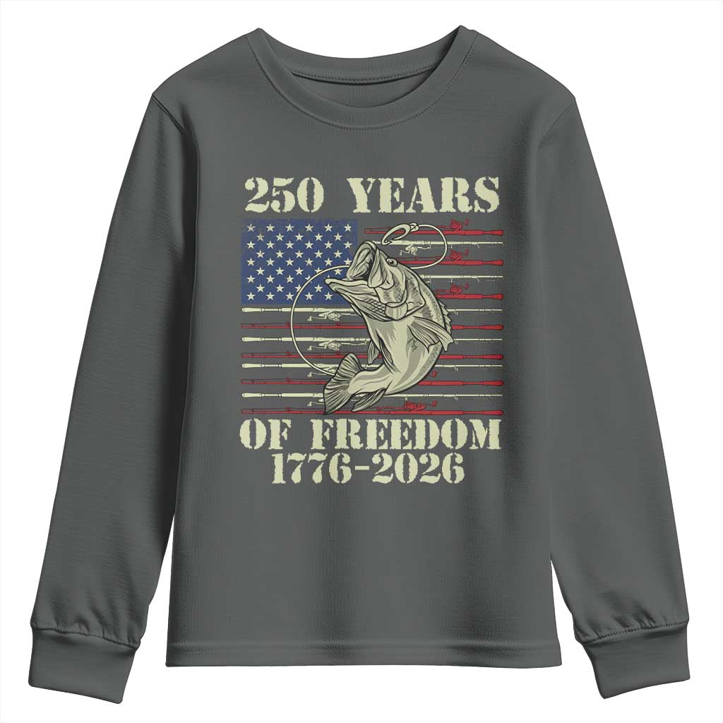 250th Anniversary USA Bass Fishing American Flag Youth Sweatshirt TS14 Dark Heather Print Your Wear
